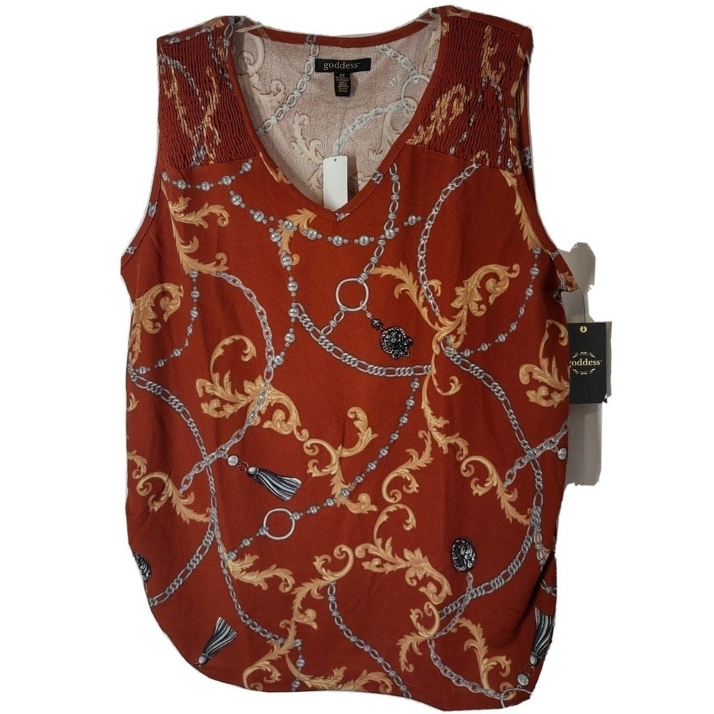 Goddess Tank Top Women's Size 2X Baroque Chain Print Rust Orange Boho V-Neck New